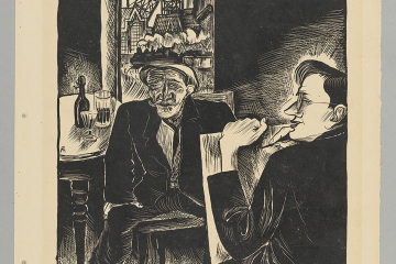 Lithografische Abbildung zweier Männer, die sich in einem dunklen Raum befinden, der eine sitzt Modell mit Bier- und Schnapsglas auf einem Tisch hinter ihm stehend, der andere malt. Durch das Fenster wird der Blick auf eine Industriekulisse mit qualmenden Schloten und einem alles überragenden Fördergerüst freigegeben. Daneben prangt ein Schild. Es wirbt für Dortmunder Union Bier.
