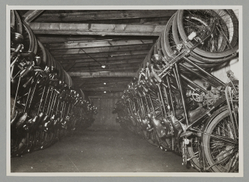 Fotografie vieler Fahrräder in einem Raum vertikal in Reihe nebeneinander hängend.
