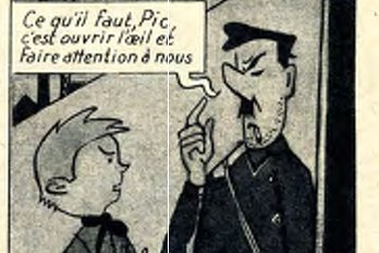 Comiczeichnung mit zwei sich unterhaltenden Männern. Pic ist ein junger blonder Mann mit Tolle, Briquet ein älterer Mann mit Schnauzer und Mütze.