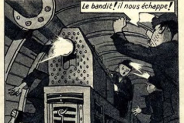 Comiczeichnung mit Bergleuten, darunter, Pic und Briquet, die sich in einer engen Strecke unter Tage bei einer Grubenlok begegnen.