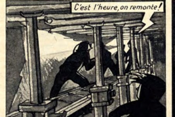 Comiczeichnung mit Bergleuten bei der Arbeit. Im Vordergrund sieht man Stempel und ein Förderband.