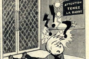 Comiczeichnung mit einem Mann, Pic, der in einem Aufzug zu Fall kommt. Über ihm fordert ein Schild dazu auf, sich festzuhalten.