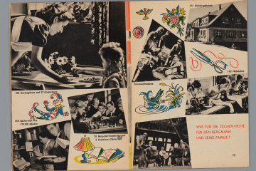 Doppelseitige Collage: Fotos und Zeichnungen zu Angeboten betrieblicher Sozialpolitik. 