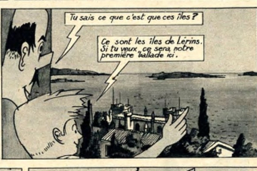 Comiczeichnung mit zwei Männern, Pic und Briquet, die von einem Balkon auf eine Meeresbucht mit Inseln schauen. Im Vordergrund ein Teil des Schlosses, in dem sie wohnen.
