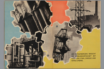 Doppelseitige Collage mit Detailaufnahmen von Schachtgerüsten, Kokereien und Aufbereitungsanlagen; Unterschrift: „Der Kohlenbergbau braucht die Verbundwirtschaft mit Eisen und Stahl, Energie und Kohle-Chemie.“ 