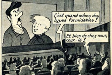 Comiczeichnung mit zwei Männern, Pic und Briquet, die zu Gast in einer Fernsehsendung sind, die in einen voll besetzten Kinosaal übertragen wird.