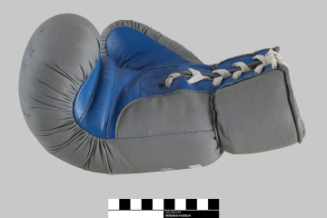 Seiten- bzw. Innenansicht eines blaugrauen Boxhandschuhs. 