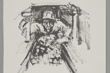 Die Reproduktionsgrafik einer Tuschezeichnung zeigt einen Bergmann, der bäuchlings auf einem Förderband liegt und mit der rechten Hand einen Stempel umklammert.