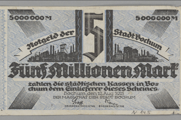 Blau-weißer Geldschein im Querformat mit Text und Illustration