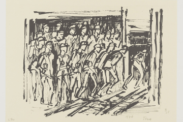 Die Lithografie zeigt links im Bild eine Gruppe von Bergleuten, die in einen Förderkorb am rechten Bildrand drängt.