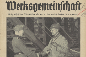 Das Titelblatt einer Werkzeitschrift zeigt einen Soldaten und einen Bergmann, die sich die Hände reichen.