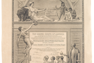 Das Bild zeigt eine Urkunde als Kupferstich auf Papier, bei der ein von vier weiblichen Personen gerudertes und von einem Mann gesteuertes Boot die Komposition beherrscht
