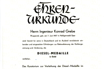 Ehrenurkunde für Konrad Grebe mit den Unterschriften der Mitglieder des Kuratoriums zur Verleihung der Rudolf-Diesel-Medaille im Deutschen Erfinder-Verband.