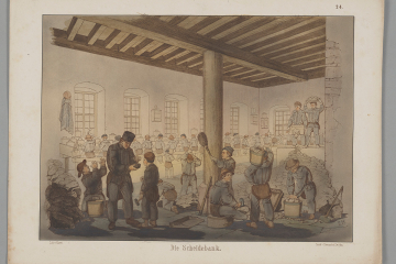 In einem großen hellen Raum sitzen im Hintergrund Kinder an einer langen Bank und zerkleinern Erz, im Vordergrund weist ein erwachsener Bergmann eine Gruppe Kinder an.