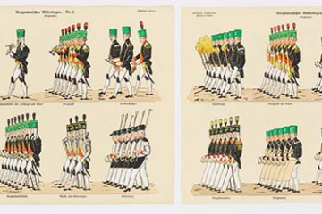 Kolorierter Bilderbogen einer Freiberger Parade mit Aufschlüsselung der einzelnen Berufsgruppen.