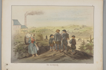 Eine Gruppe von vier Bergleuten, darunter zwei Kinder, befindet sich auf dem Weg zu einer Zeche mit rauchendem Schornstein im Hintergrund.