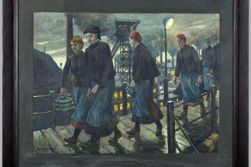 Aquarell mit Zechenarbeiterinnen, die in der Dämmerung über eine Brücke gehen, im Hintergrund ein Fördergerüst und Industrieanlagen