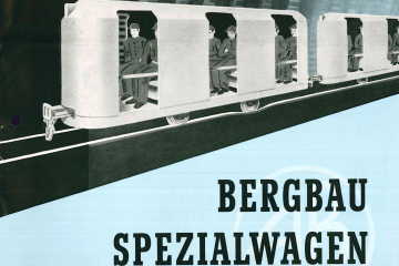 Deckblatt Werbeprospekt Bergbau-Spezialwagen mit Zeichnung eines Personenwagens unter Tage