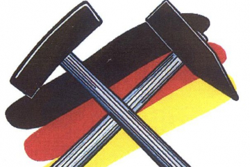 Zu sehen ist das Logo des 13. Bergmanns-, Hütten- und Knappentags, das gekreutze Schlägel und Eisen vor einer Deutschlandflagge zeigt.