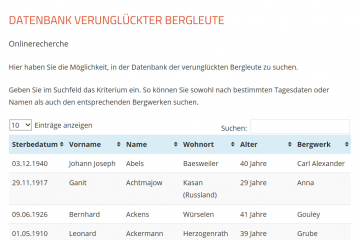 Zu sehen ist ein tabellenförmiger Ausschnitt aus der Online-Datenbank.