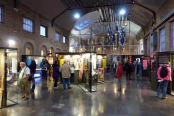 Blick in die Ausstellung mit Besuchern vor Vitrinen