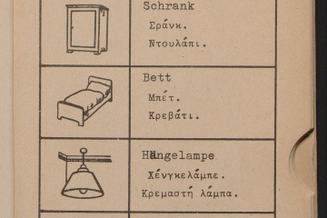 Bilder von alltäglichen Gegenständen daneben die Bedeutung in deutscher und griechischer Sprache