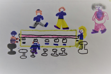 Stereobetrachtungsapparat im Deutschen Bergbau-Museum Bochum mit Kindern und einer Erwachsenen gemalt von einem Schüler