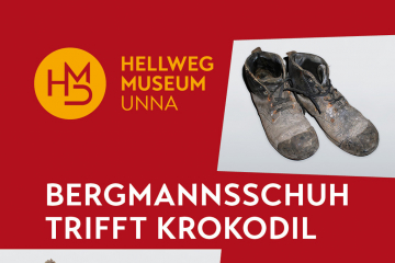 Ausstellungsplakat mit der Fotografie eine alten Paars Bergmannschuhe und eines ausgestopften Krokodils