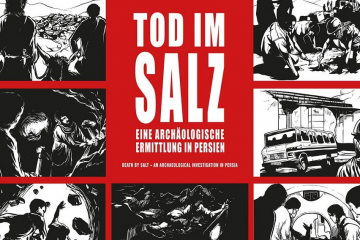 Ausstellungsplakat mit rotem Gittermuster und Comic-Zeichnungen