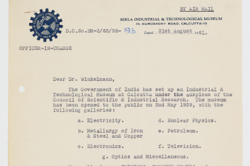 Brief von einem Museum in Indien an den Museumsdirektor Winkelmann, erste Seite