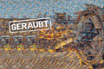 Ausstellungsplakat mit einer verfremdeten Darstellung eines Schaufelradbaggers und der Aufschrift Geraubt